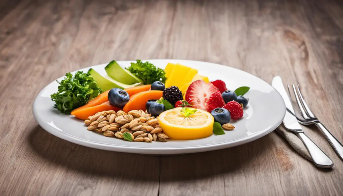 An image of a balanced plate with various healthy food items, representing the principles of the DASH Diet