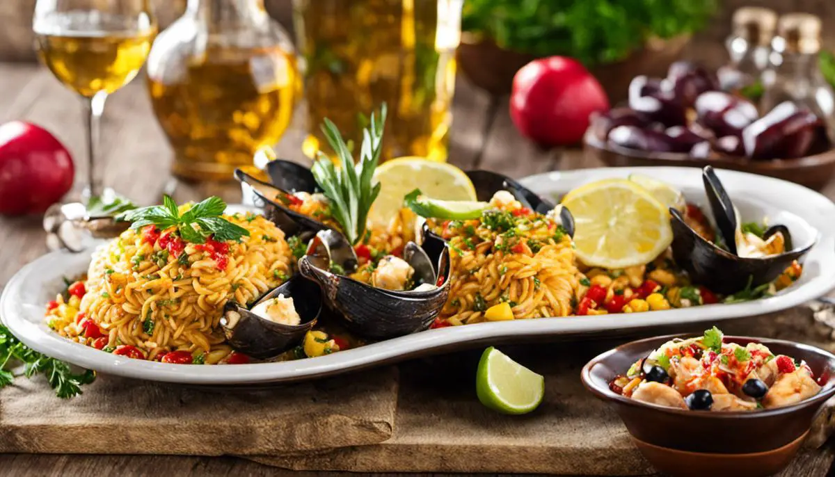 Various Mediterranean dishes showcasing the diversity and richness of the Mediterranean diet, from healthy seafood paella to Greek Baklava soaked in honey.