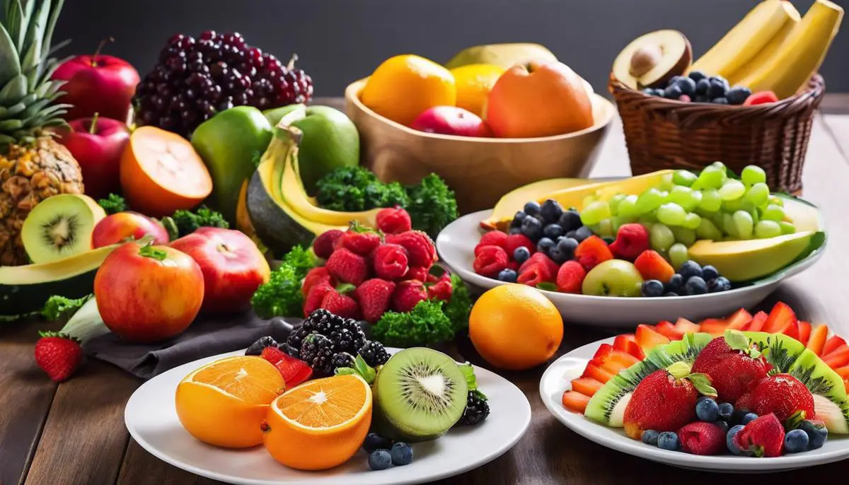 A vibrant and colorful plate filled with fresh fruits, vegetables, and whole grains, representing the concept of clean eating and its positive impact on health and appearance