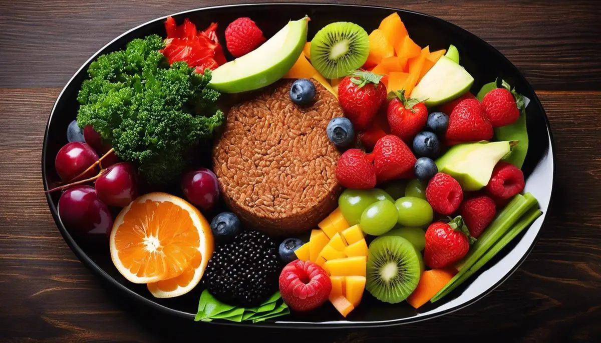 Image description: A colorful and visually appealing clean eating meal consisting of vibrant fruits and vegetables artfully arranged on a plate.