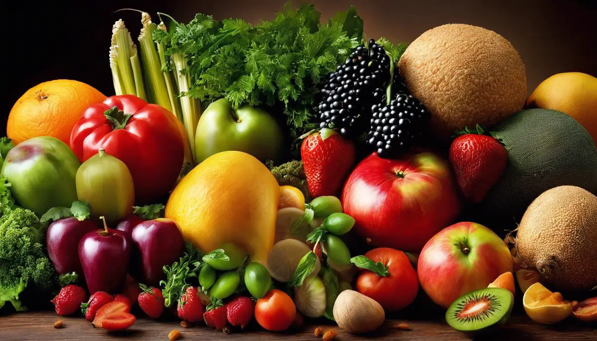 A colorful image showing an assortment of fresh fruits, vegetables, and grains arranged in an appealing manner.