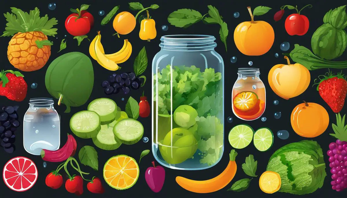 Illustration of fruits, vegetables, and water representing a detox diet