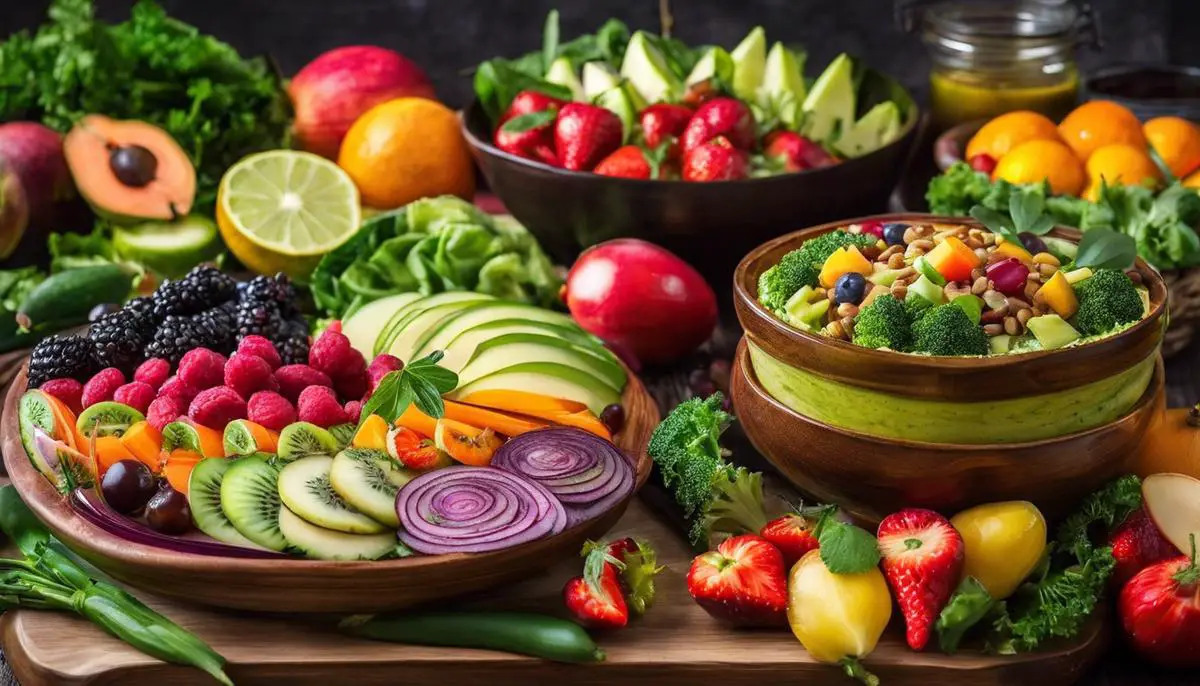 A vibrant and colorful detox meal with a variety of fruits and vegetables.