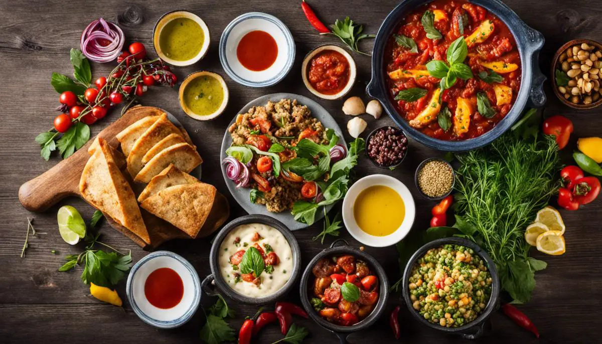 Image description: A diverse table full of Mediterranean dishes, showcasing vibrant colors and various ingredients.