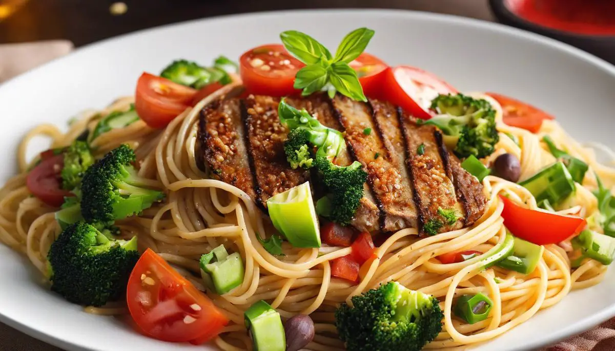 A colorful and nutritious meal with a variety of vegetables and whole grain spaghetti