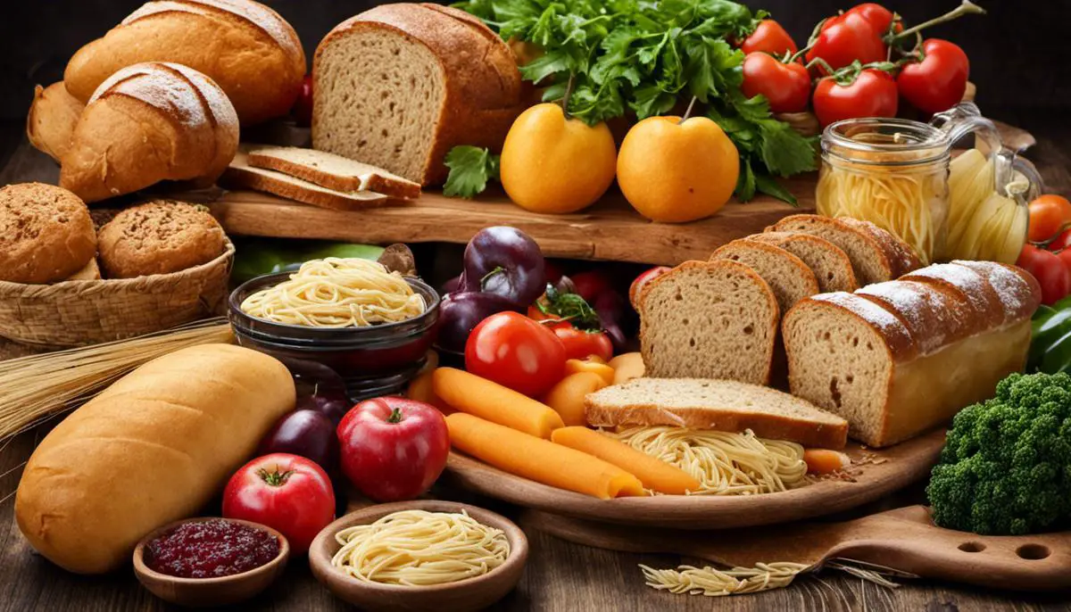 An image of a variety of gluten-free foods and ingredients, including fruits, vegetables, gluten-free bread, and gluten-free pasta.