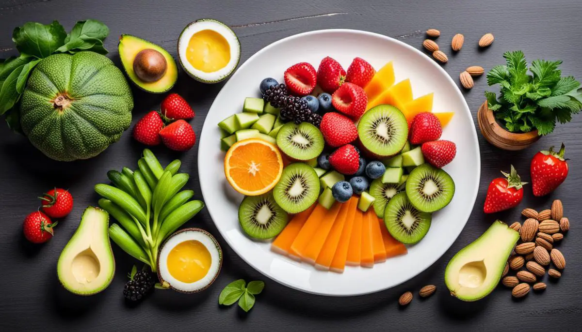 A plate with various fruits, vegetables, and healthy fats symbolizing the balanced and healthful nature of the keto diet.