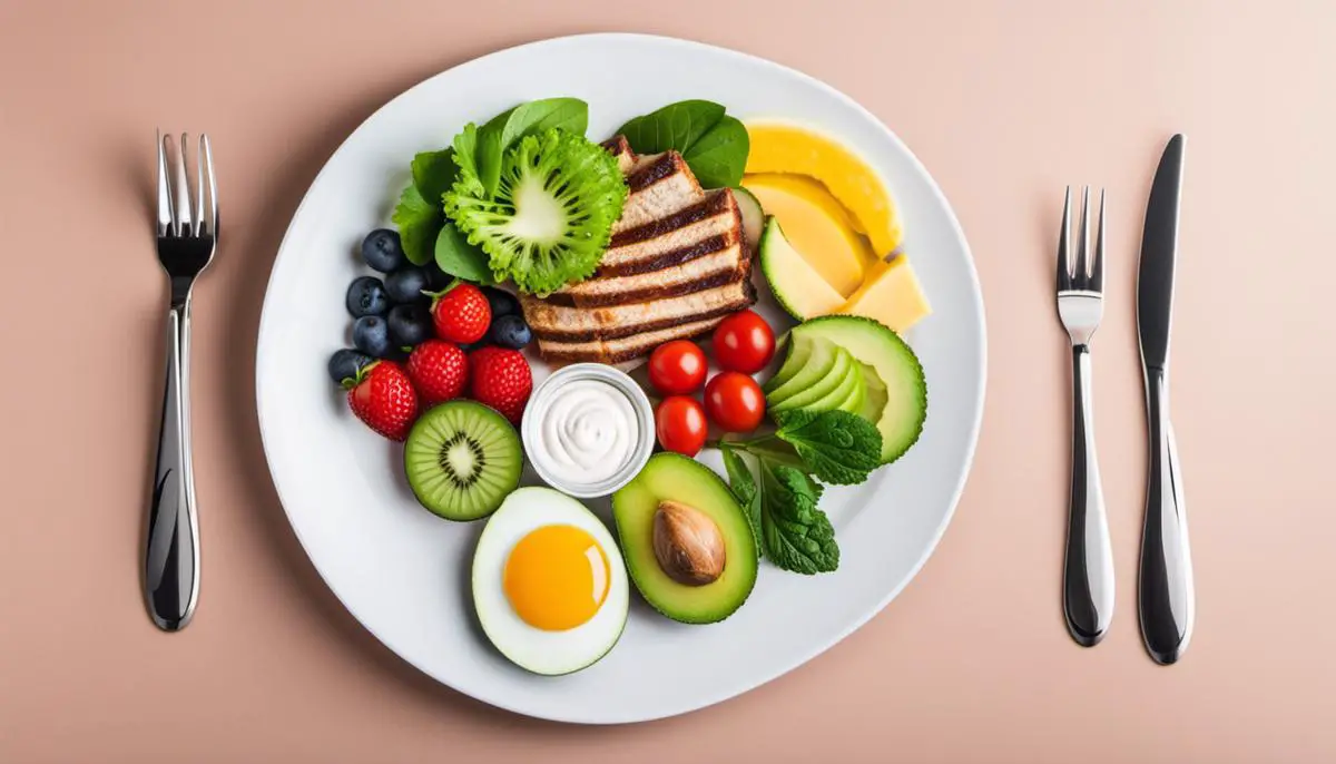 A plate with healthy food and measuring tape, representing the concept of a ketogenic diet.