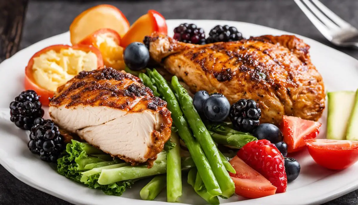 A plate of low carb food options including chicken, vegetables, eggs, and berries.