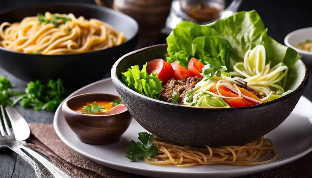 Image of a healthy meal consisting of lettuce wrap, vegetable soup, and a pasta dish with vegetables