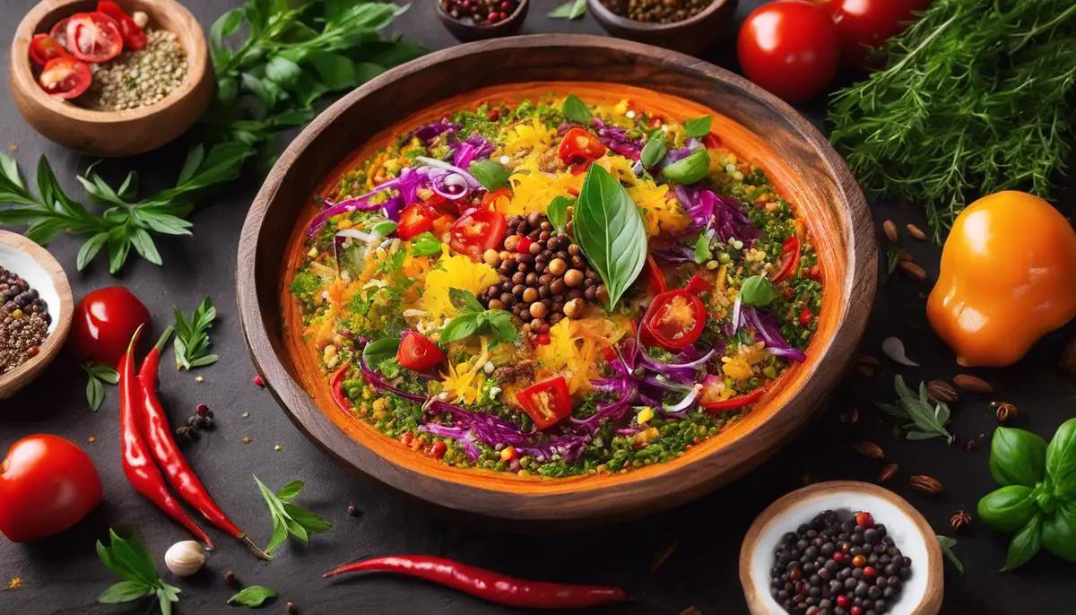 A colorful and vibrant dish with various herbs and spices sprinkled over it.