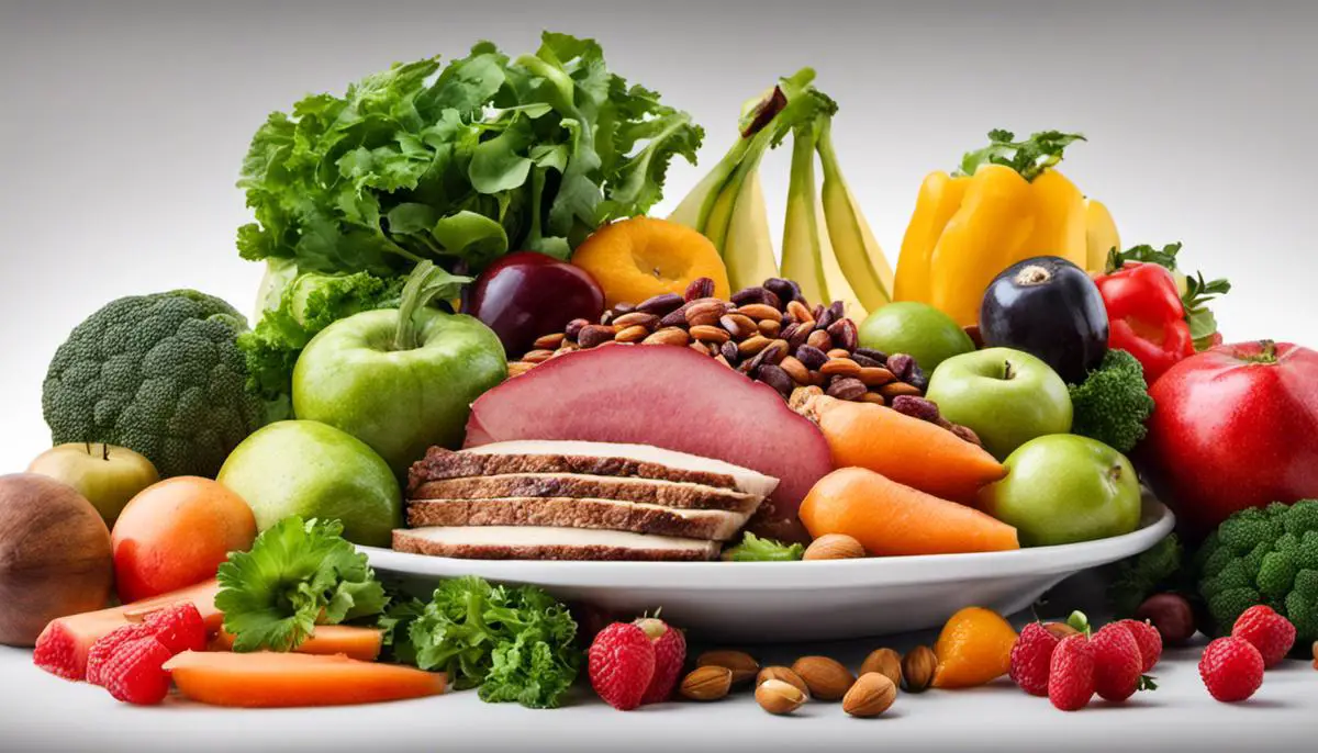 Image of a plate filled with various fresh fruits, vegetables, lean meats, nuts, and seeds, representing the components of the Paleo diet.