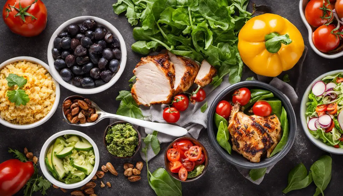 Image of a variety of healthy paleo diet meal options, including salads, wraps, and roasted chicken with vegetables.