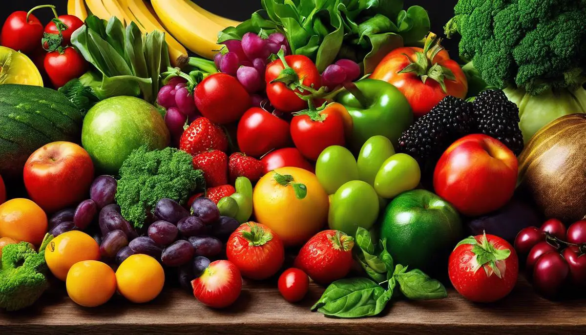 A colorful image of a variety of fruits and vegetables representing a plant-based lifestyle