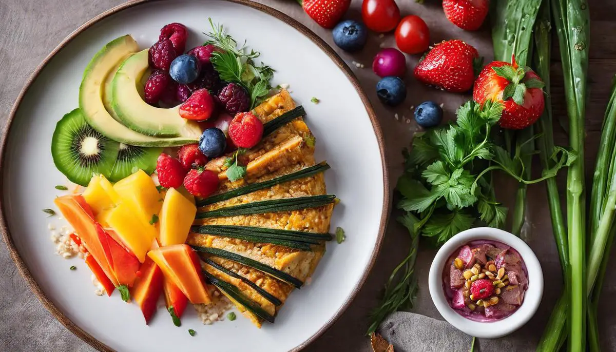 A colorful dish made with plant-based ingredients, showcasing a variety of vibrant fruits and vegetables.