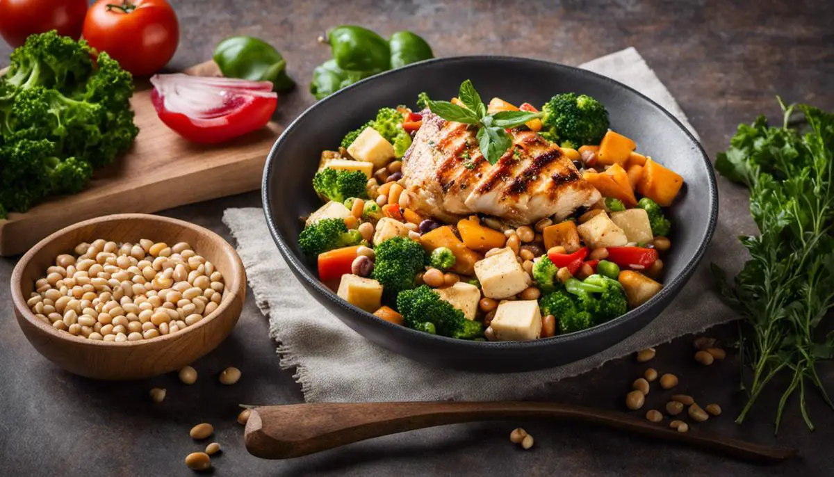 Image of a high-protein meal with chicken, tofu, legumes, and vegetables