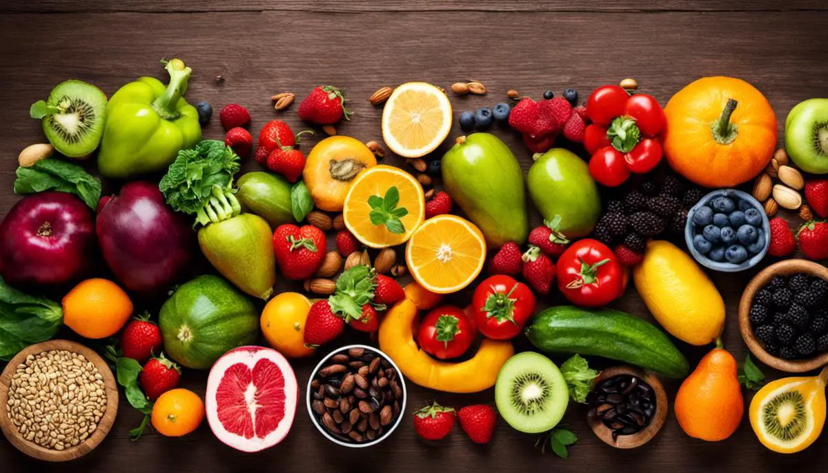 An image of various raw fruits, vegetables, nuts, and seeds arranged artistically to showcase the colorful and diverse options available on a raw food diet.