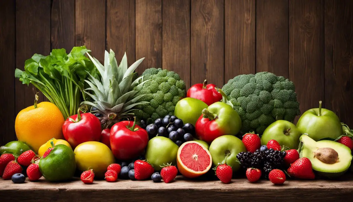 A variety of fresh fruits and vegetables on a wooden table, representing the raw food diet.
