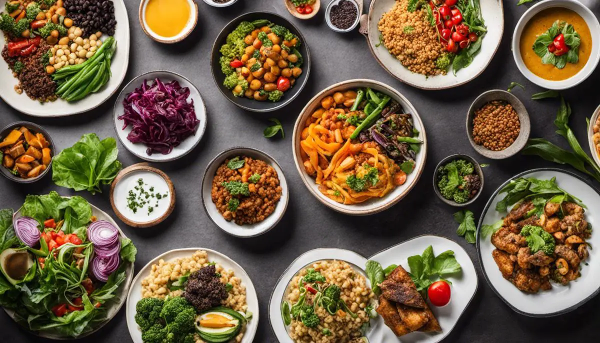 Image of a diverse plate of vegan dishes, showcasing the variety and nutrition of a vegan diet.