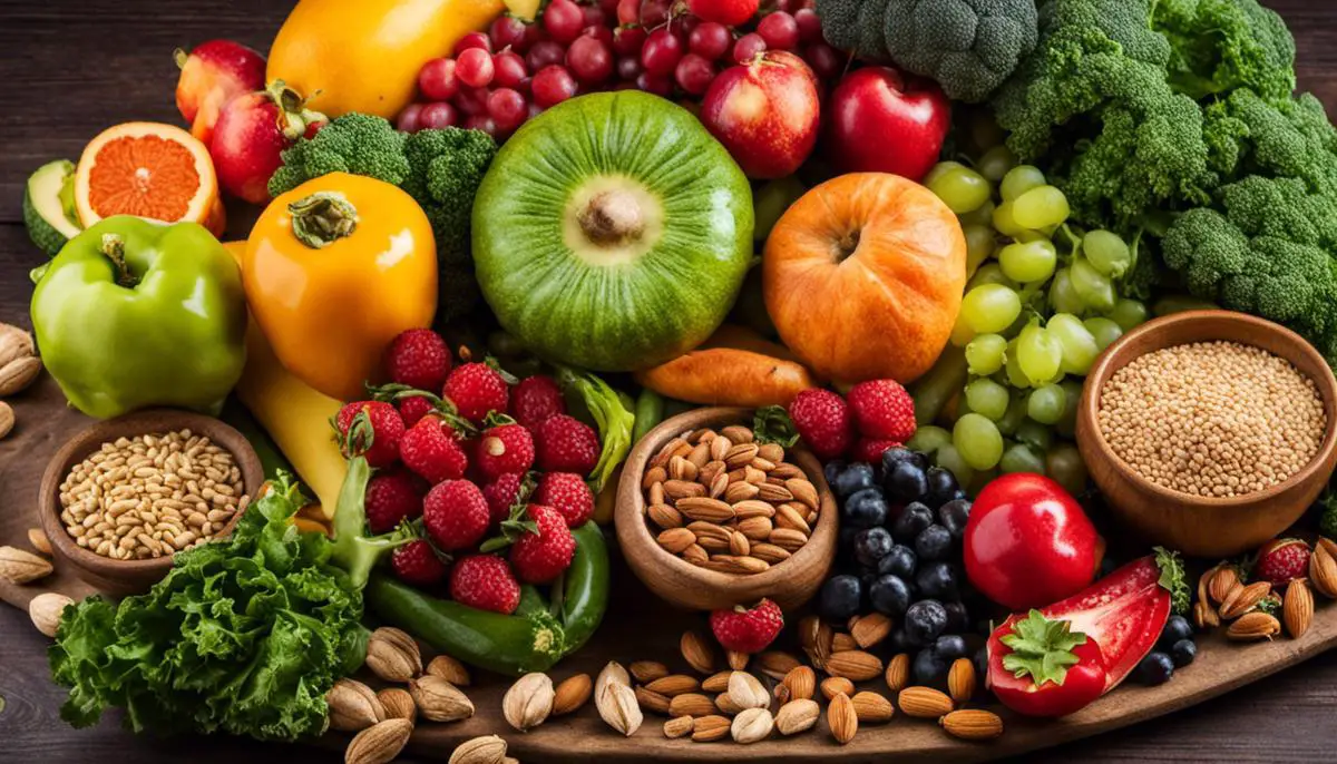 A plate filled with colorful fruits, vegetables, whole grains, nuts, and legumes, representing the nutritional aspects of a vegan diet.