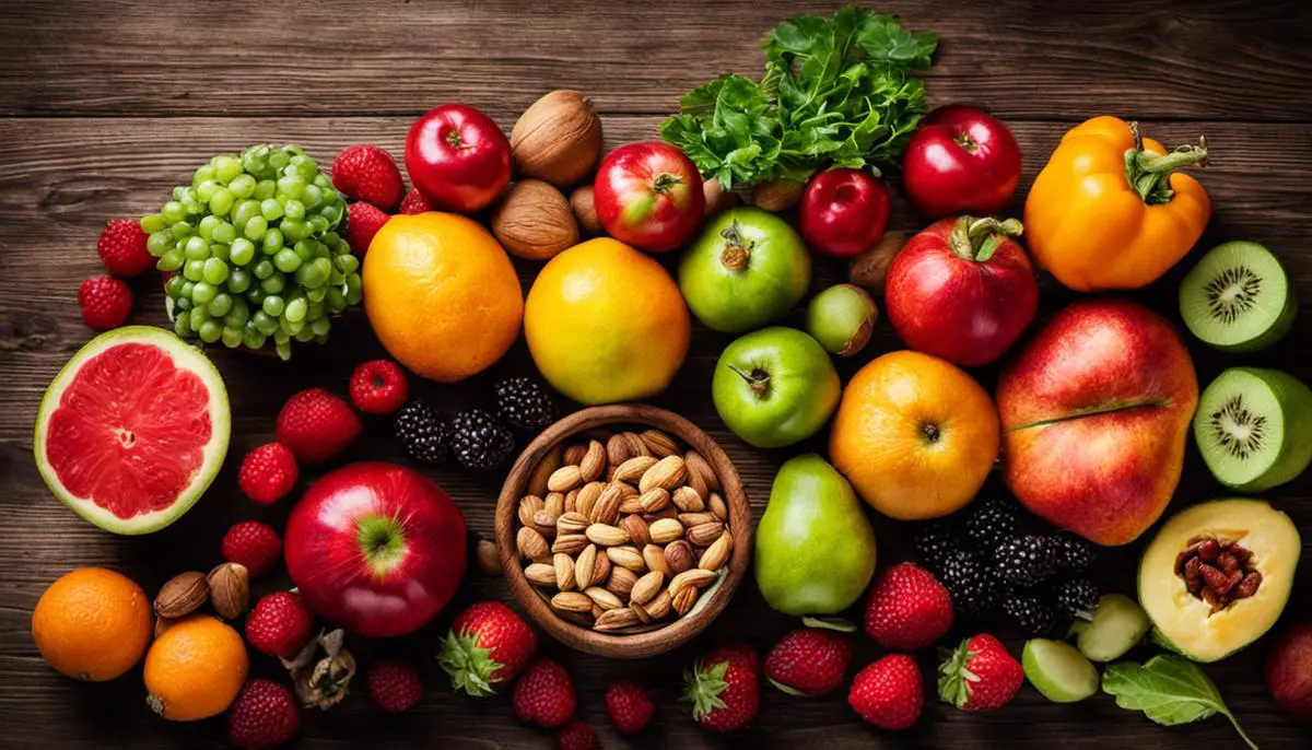 A image of colorful fruits, vegetables, and nuts laid out on a wooden table, symbolizing a vegan diet.