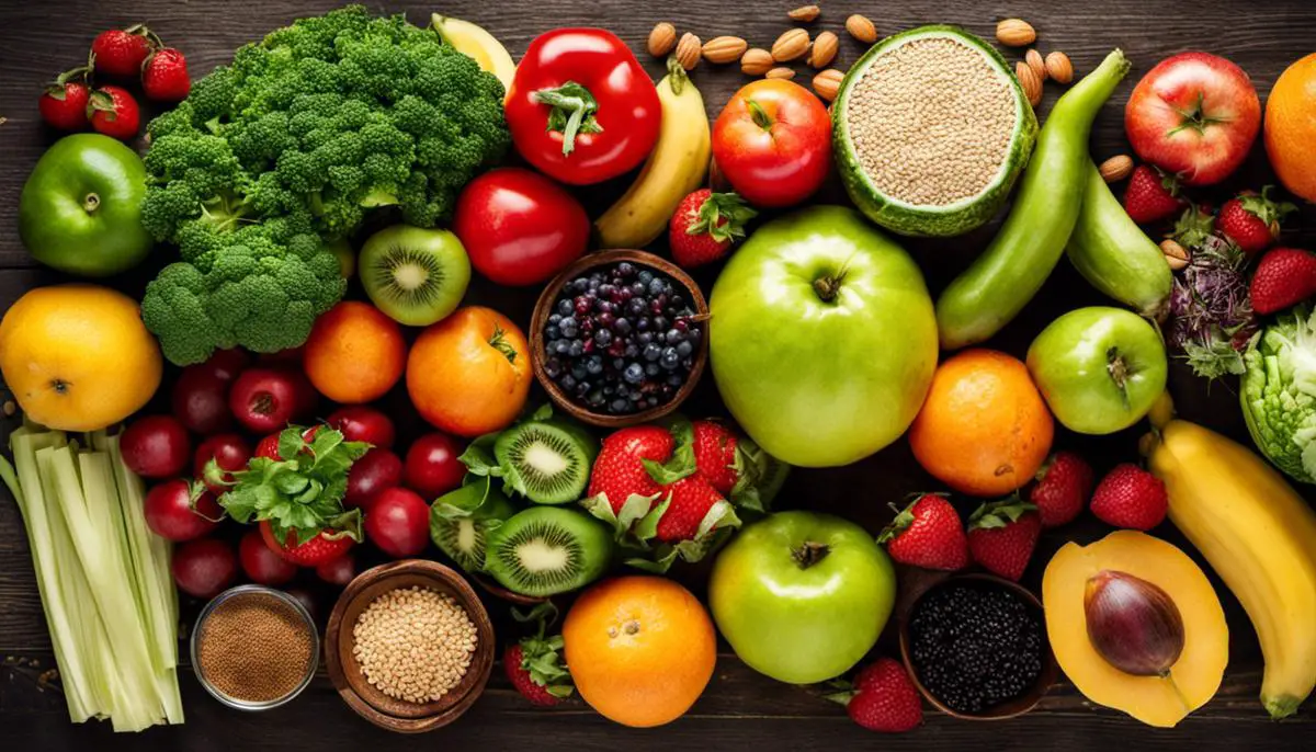 Image of a variety of fruits, vegetables, and grains, representing a vegetarian diet and its health benefits.